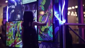 Touch screen TV rental setup at Clarke Quay Singapore for interactive art exhibition