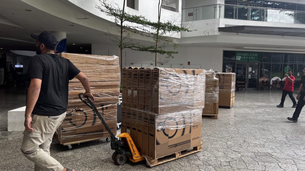Part of our fleet arriving on site — standardised TVs for fast deploy