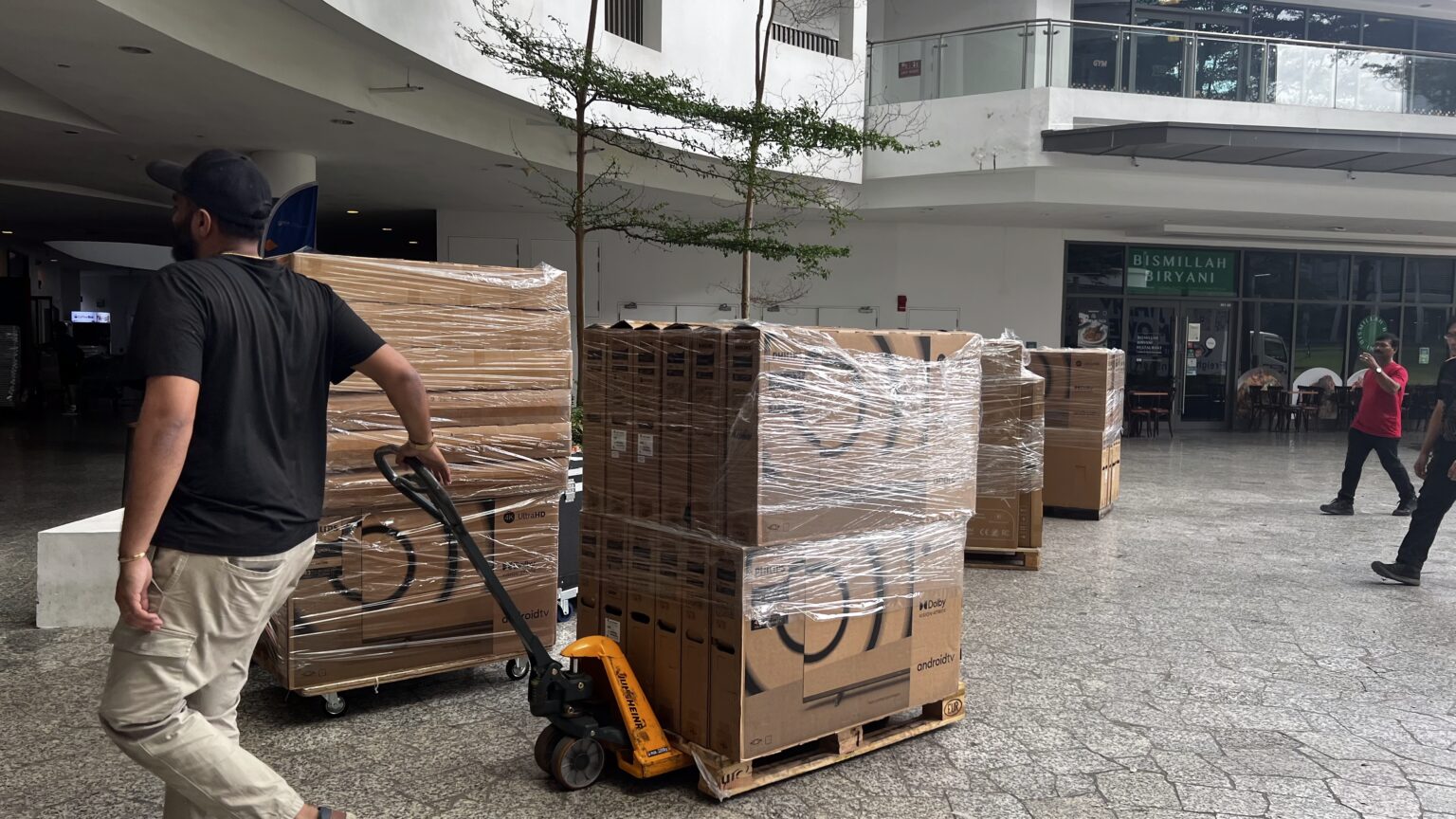 Part of our fleet arriving on site — standardised TVs for fast deploy