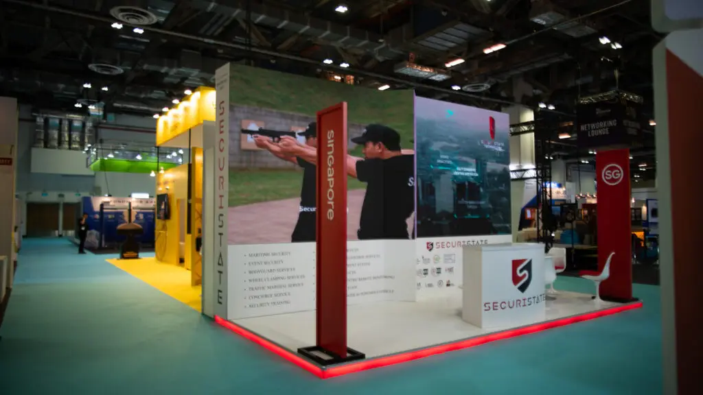 Securistate Custom LED Wall rental setup for tradeshow booth at Marina Bay Sands Convention Center. Exhibition Pro Integration