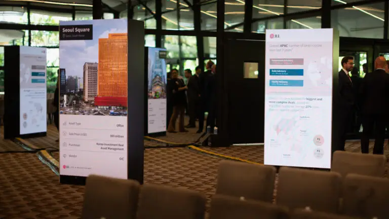 Fine pitch dual sided led wall rental setup for digital signage. JLL Conference at Ritz Carlton